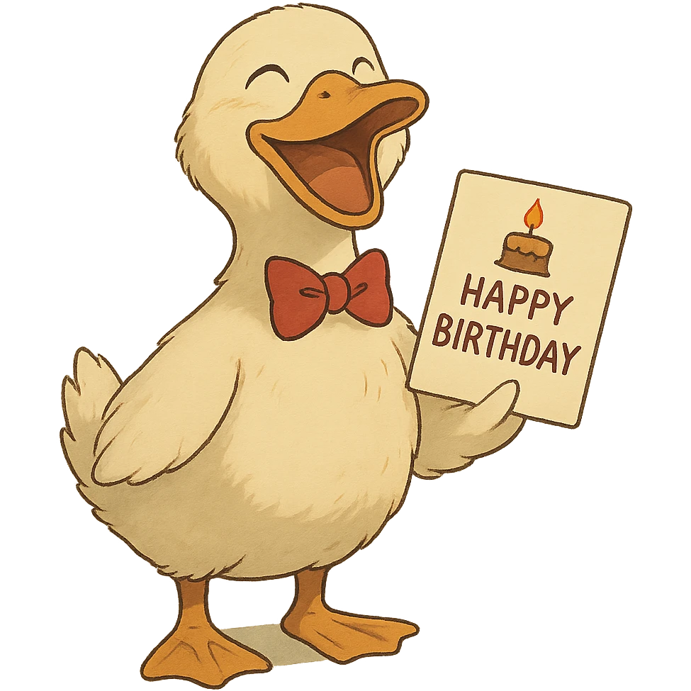 laughing duck with bowtie holding birthday card emoji