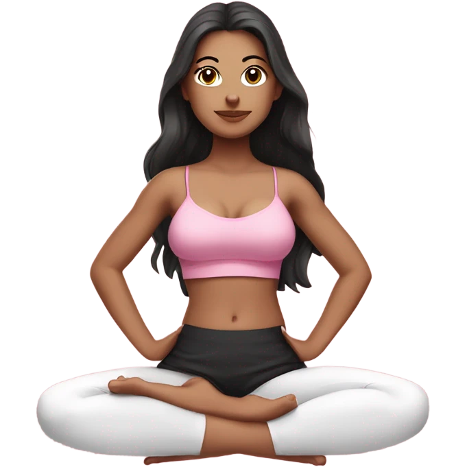 A white girl with brown eyes and black long hair,  is sitting in a lotus position in a pink bra top and short white skirts emoji