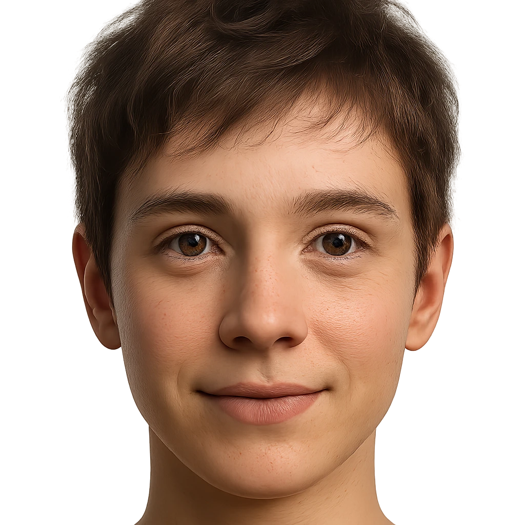 hyper-realistic emoji face of a young person with short tousled brown hair, light skin, slight smile, detailed skin texture, natural lighting, lifelike eyes, realistic facial features emoji