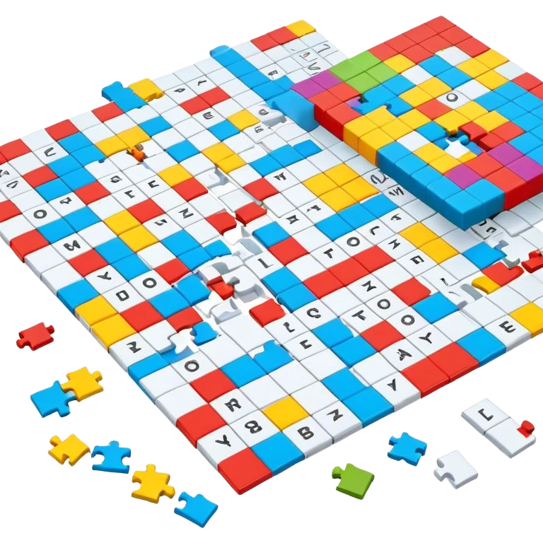A photorealistic icon with a colorful, fragmented crossword magazine, a 3D puzzle, and a partially completed puzzle on a table. Bright, detailed design with realistic lighting. Transparent background, clearly symbolizing puzzles and brain games. emoji
