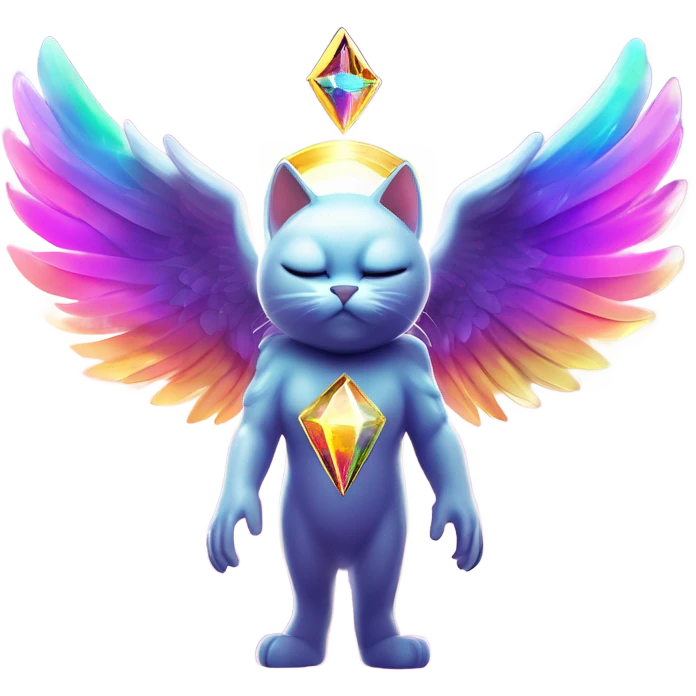 Omega ultra cosmic galactic hyperverseal alpha Transcendent Heavenly Rainbow 4d Diamond ultra mega surpream beyond Omni-Cat God with wings and a ring around its body and another ring above it’s head full body emoji