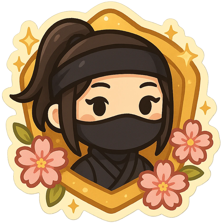 Keep the previous badge design with the chibi ninja girl's face in the center, gold color, sakura flowers, sparkly effects, and badge shape. Make the badge a little less realistic and more stylized, with softer shading and simpler, cleaner lines, but keep the overall look close to the previous version. Transparent background, sized for Twitch or Discord use. emoji