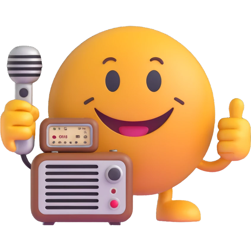 3D smiley emoji, round shape, grandfather with an old radio, brown color, smiling face emoji