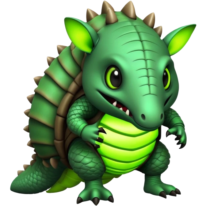 Biohazard armadillo. has black skin and a dark, segmented shell, with the middle sections of each segment glowing in a toxic lime green. The armadillo's face has a twisted, evil grin. His eyes are wide and intense, glowing in the same toxic green. emoji