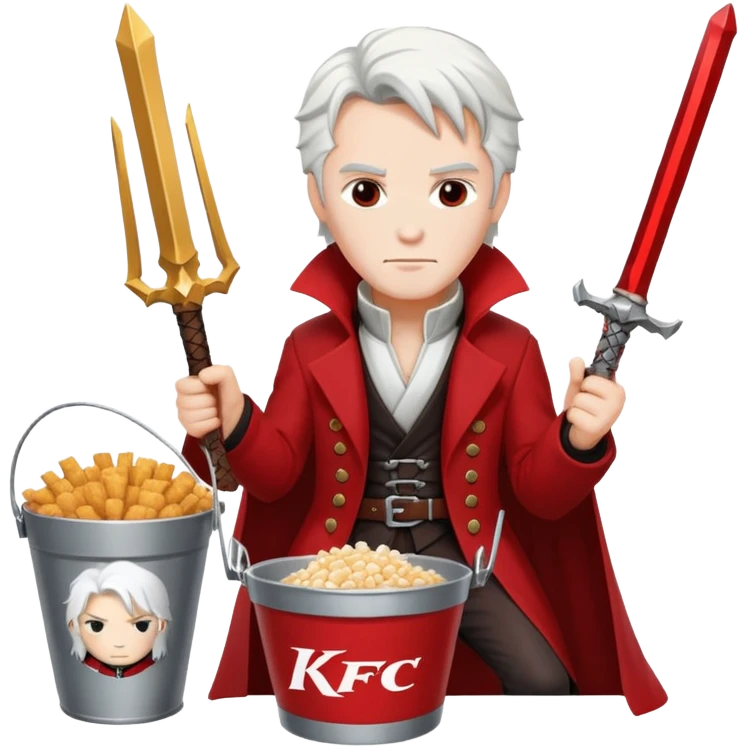Dante from Devil May Cry sitting in a KFC bucket, red coat, white hair, rebellion sword emoji