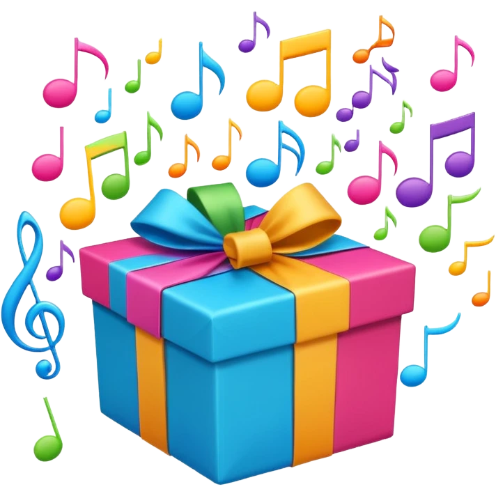 A wrapped gift box opening with colorful music notes flying out from the box emoji