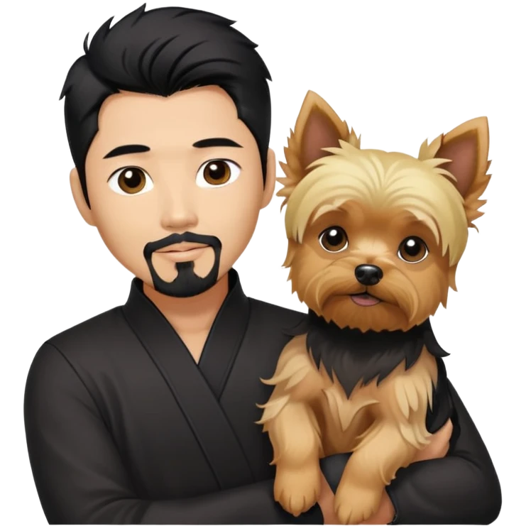Dark haired Korean Asian handsome man with black pointy hair full goatee.   Holding one blonde yorkie.  emoji