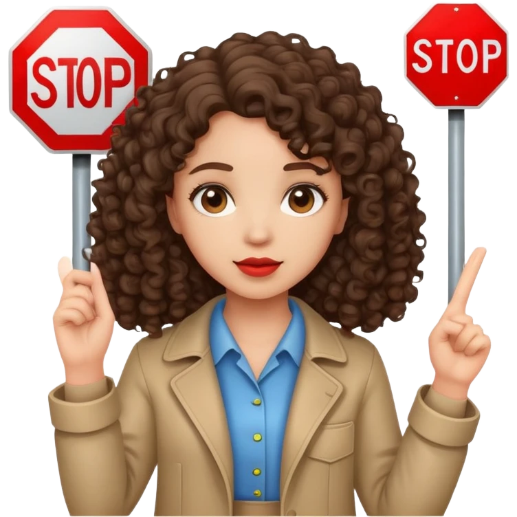 brunette girl with curly hair holding a stop sign emoji