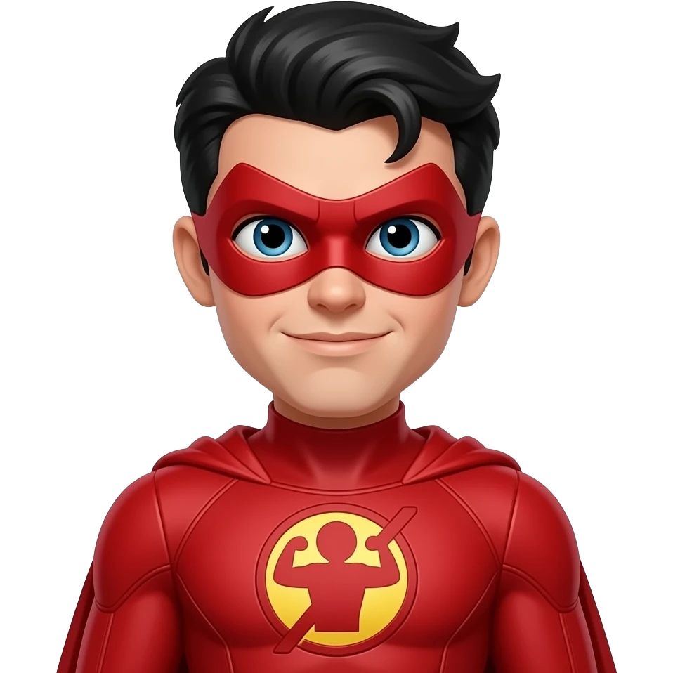 quiero que me hagas a un superheroe con el pelo negro mascara roja i con un traje rojo i un simbolo de fuerza que sea un niño emoji