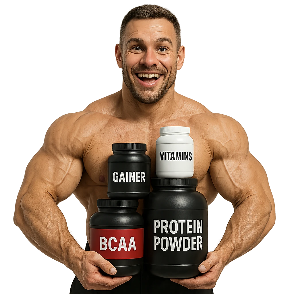 hyper realistic enthusiastic bodybuilder proudly showing his 'stack' supplements, prominent muscles, satisfied expression, realistic details, white background emoji