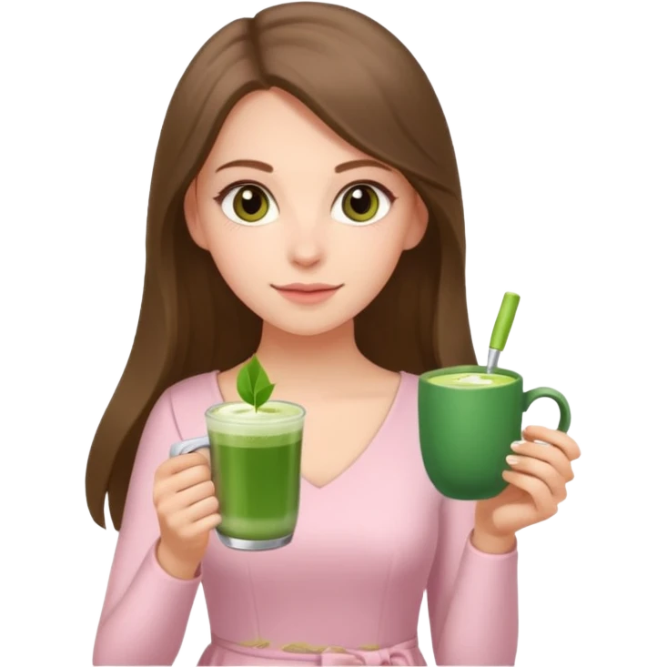 white long brunette hair girl with hazel eyes wearing light pink who is holding matcha emoji