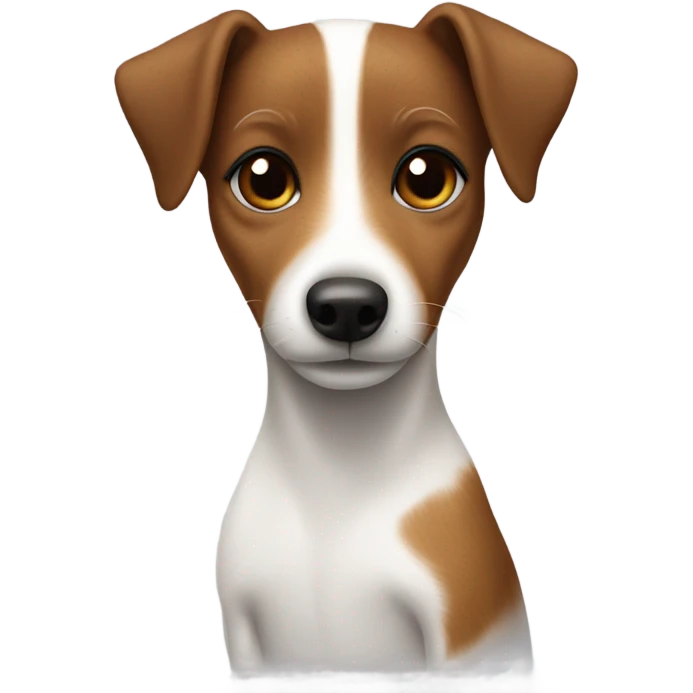 Jack Russell dog in the arms of a girl with brown hair and a mole above her lip emoji