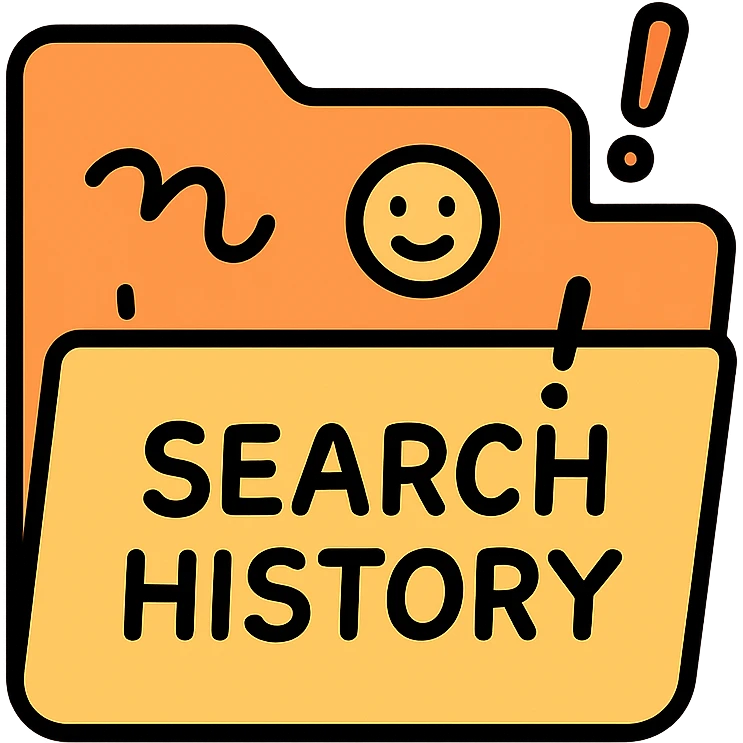 cartoon icon of a file folder labeled 'search history' with comical doodles and exclamation marks emoji