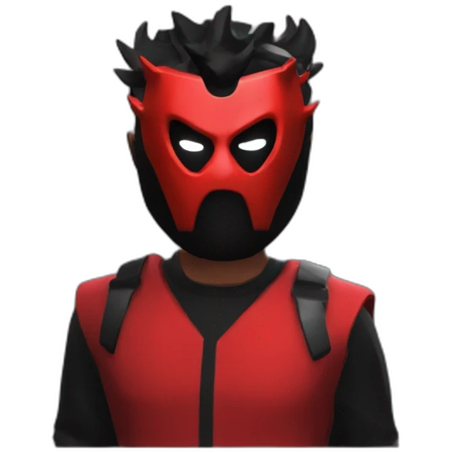 Roblox avatar whit red shirt and black paint and red demon mask emoji