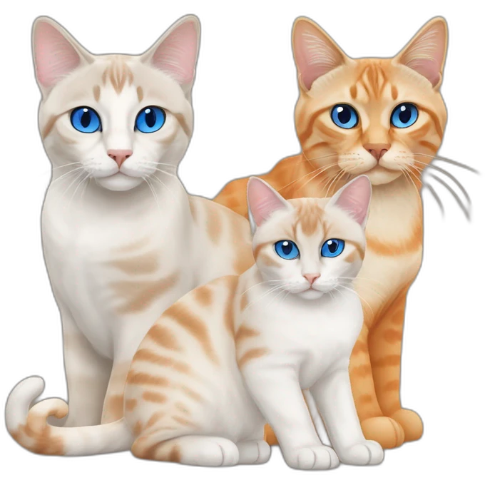 three cats, one lynx point siamese cat with blue eyes, one orange and white tabby cat, and one all orange cat emoji