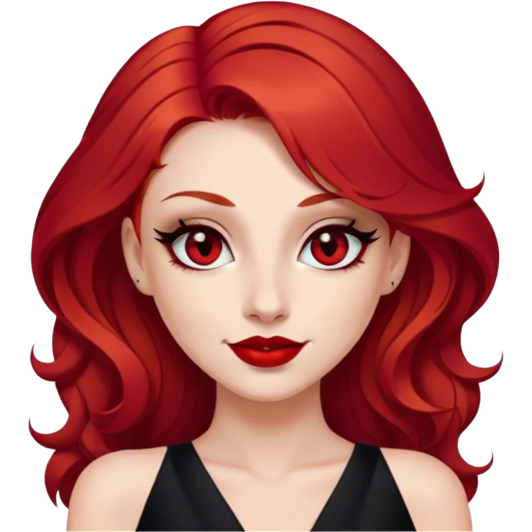 a woman with red hair and red eyes. The woman wear a black little cutted dress. She have red lipstick and she have a seductive look and smile. She have a rose in her hair emoji