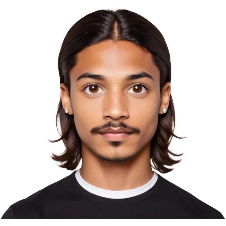 Young man with medium brown skin, mixed-race ethnicity, long wavy dark brown hair with an extremely precise center part exactly aligned with the middle of the face, hair parted perfectly symmetrically on both sides, mustache separated from goatee, medium brown eyes, small diamond stud earrings, floating head only with absolutely no shoulders or neck visible emoji