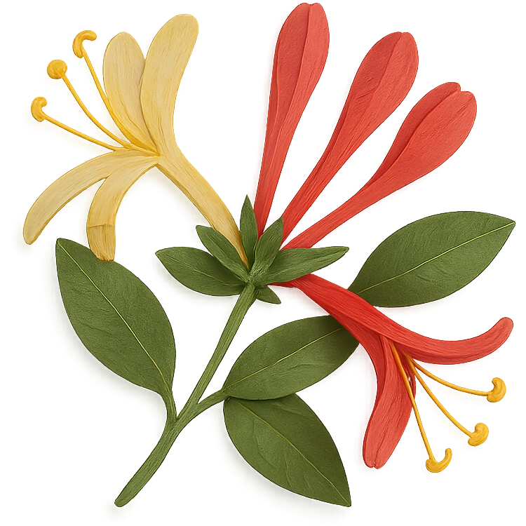 close-up of honeysuckle flowers, fine paper edges, tubular blossoms, green foliage, expressive arrangement emoji