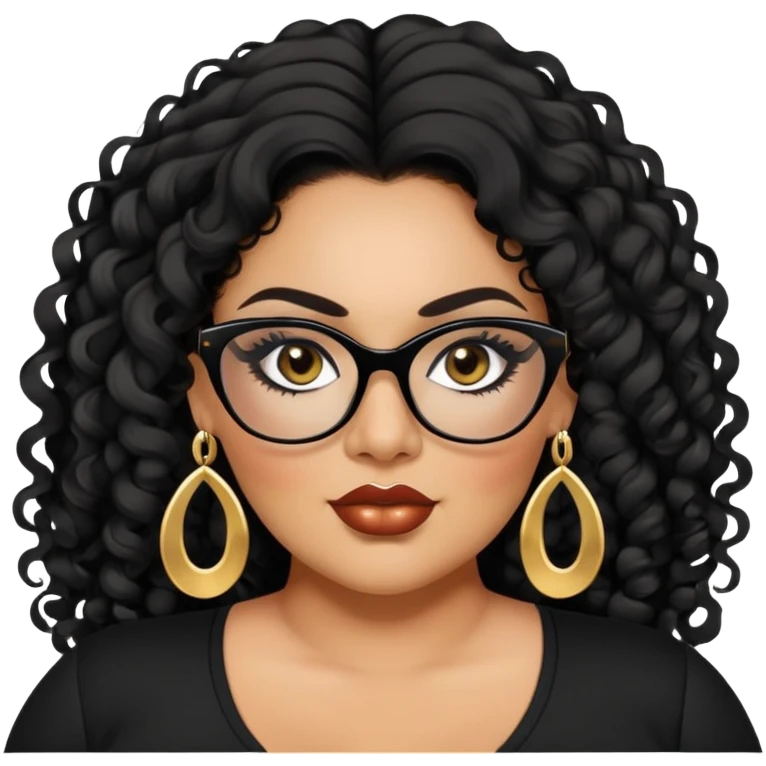 big plus size, latina, darker tan skin, long black curly hair, baddie,pretty, makeup, lipliner, black eyeliner, long hair, gold earrings, black top, black glasses emoji