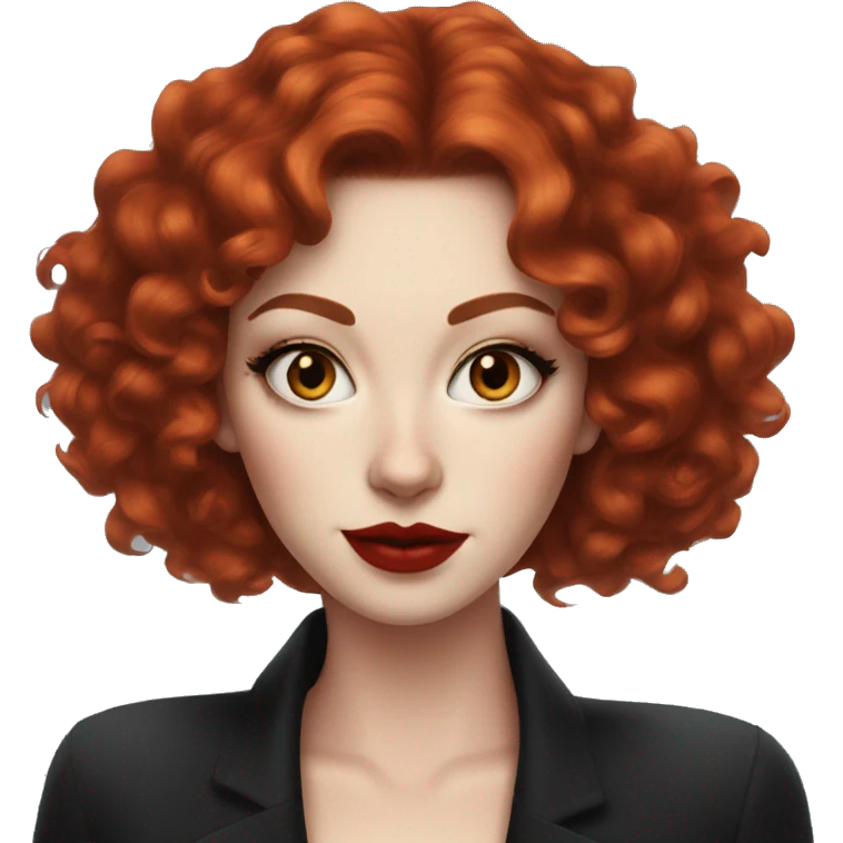 Pale Woman with short, dark curly red hair, bright red lipstick and dark cat-eye makeup emoji