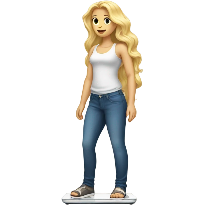 White woman, long hair, blonde hair, wavy hair, on scale, weight loss emoji
