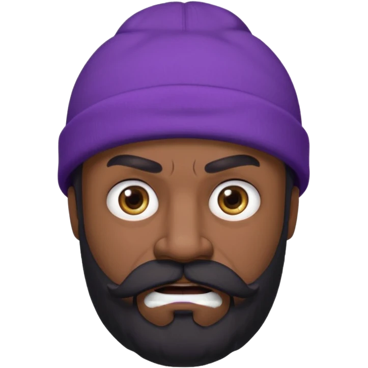 Epic anime Berserker type character. He is a middle age man with dark beard and mustache, baggy eyes and a stoic furious look. He’s wearing a purple beanie and black clothes.  emoji