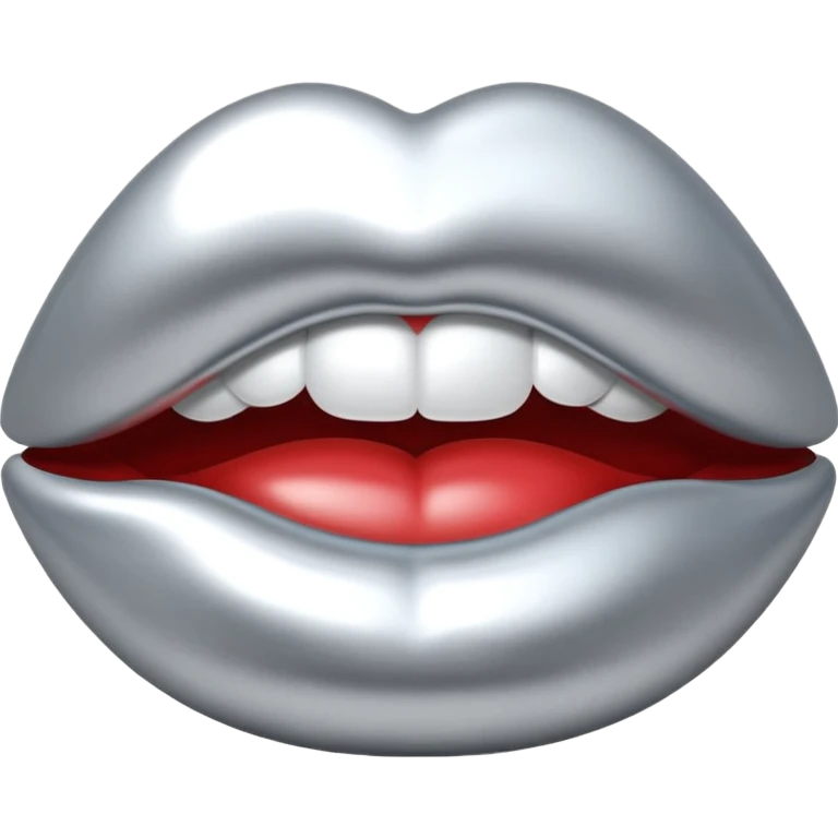 Chrome silver lips emoji, glossy metallic texture, iOS emoji style, smooth reflections, bold but minimal design, centered, silver mouth. all silver emoji
