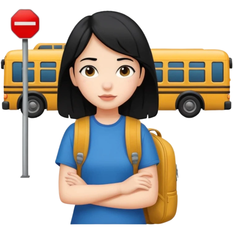 girl with black hair leaving home waiting for bus emoji