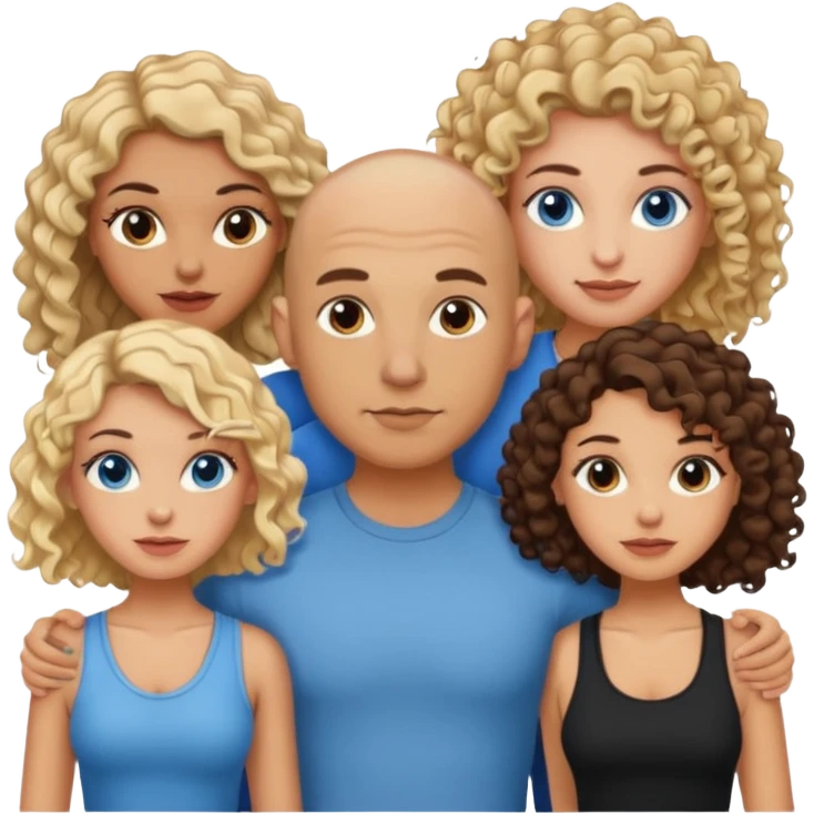tattooed covered bbald brown eyed male with blonde haired blue eyed big boob female with brunette curly haired brown eyed big boob female throuple  emoji