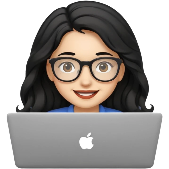 Cute female developer style sitting in front of laptop. No glasses, smiling with long hair waves. Early 20s light skin tone. Black hair emoji