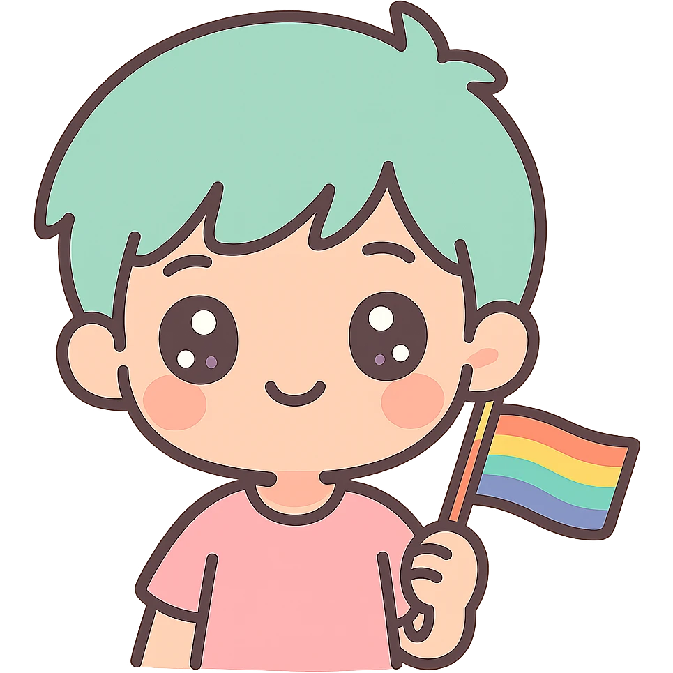 anime boy with short hair, holding a small pride flag, expressive eyes, vibrant colors emoji