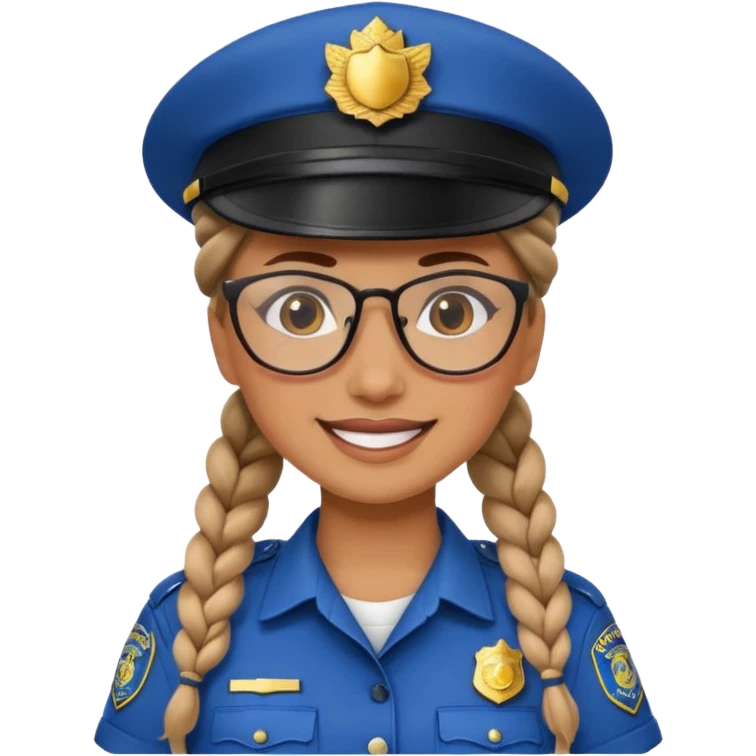 happy woman police with braided hair wearing hat, glasses  emoji