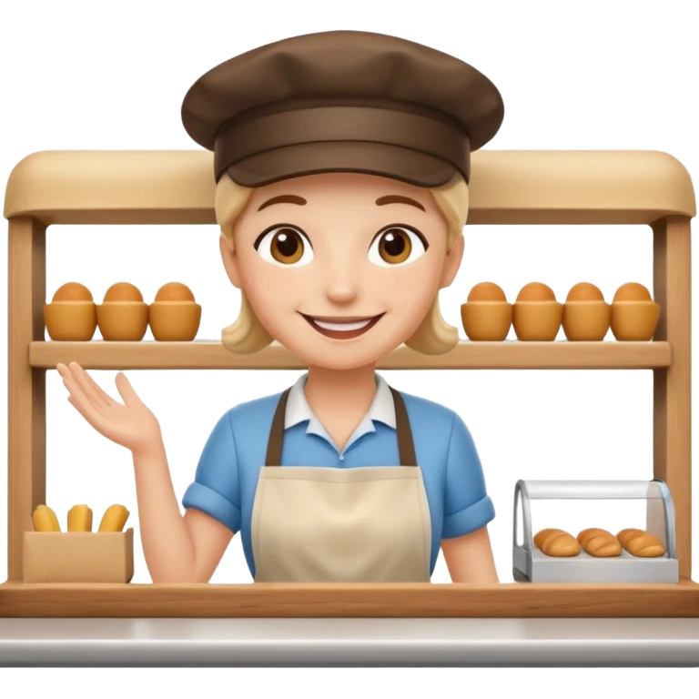 A 3D cartoon deli worker wearing an apron and hat, serving a customer at the counter, friendly smile, Memoji-style. emoji