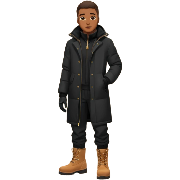 Handsome Black grown man with brown skin tone, wearing black joggers, a black weather coat, and buckwheat timberland boots, and black gloves emoji