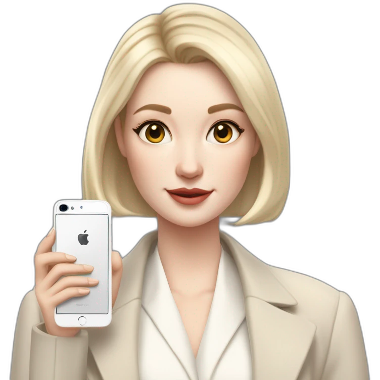 pale skin woman with ash blonde Straightened bob Hair, White Spacious classical jacket, beige palazzo Arrow pants and gray blouse holding white IPhone 15 pro in the hands emoji