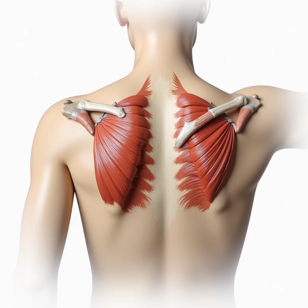 realistic winged scapula pathology, isolated on white background, surrounding muscles highlighted to show cause of pathology emoji