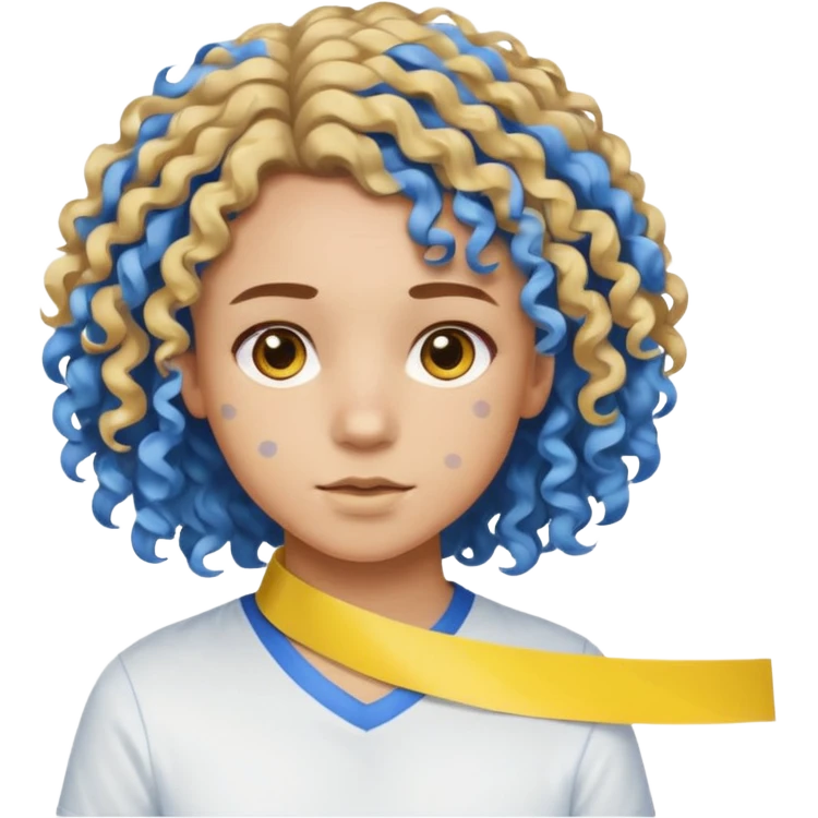 Make me an emoji that has a guy with a white shirt and yellow tape around the shirt with brown and blue spots hair make the hair curly make the yellow tape go around it emoji
