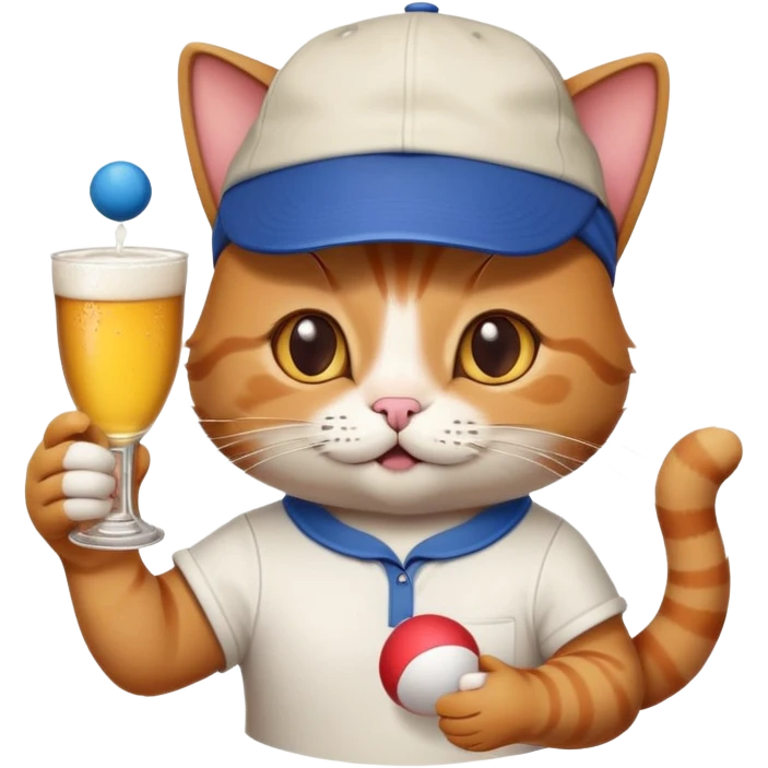 cat with a backwards cap, holding a ping pong ball and cup, beer pong college party emoji