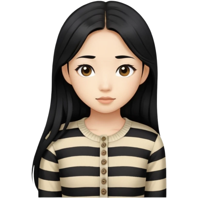 an asian girl with long black hair wearing a knit long sleeve top with from buttons and black and beige stripes emoji