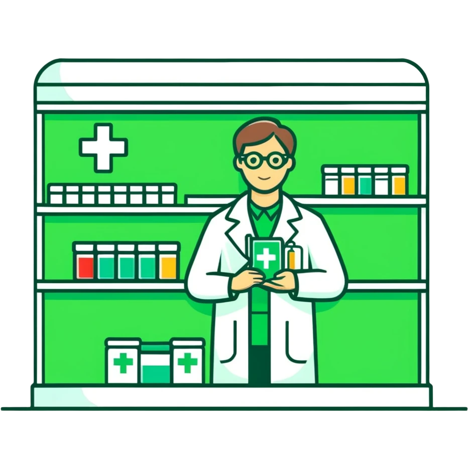 pharmacy shelves, pharmacist, green cross sign emoji