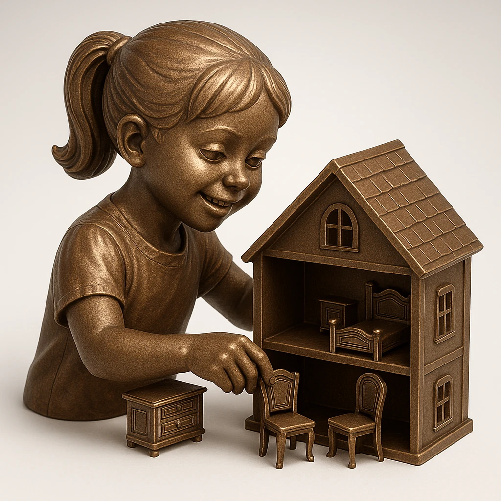 smiling girl arranging furniture in doll house emoji