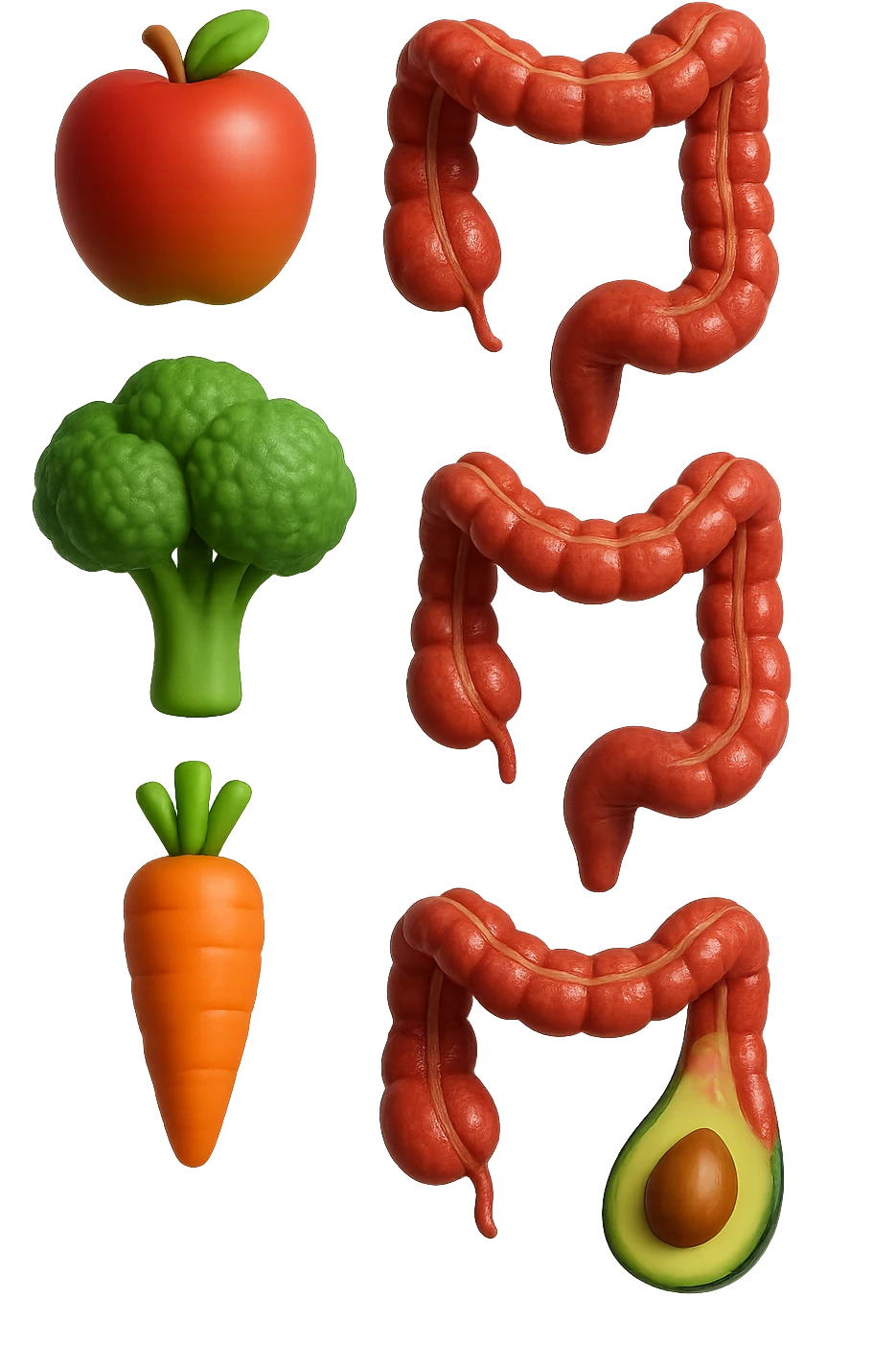 emoji stile iphone in 3d di cibo sano che fluttua in aria vericalmente insieme ùa pezzi di colon umano anatomico, iperrealistico 4k emoji