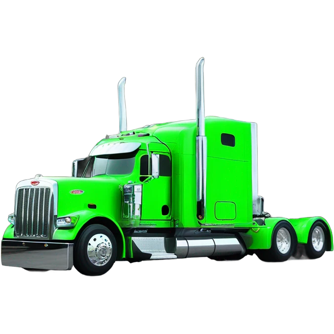 neon green peterbilt semi truck lowered on the ground with large chrome wheels and chrome smoke stacks profile view emoji