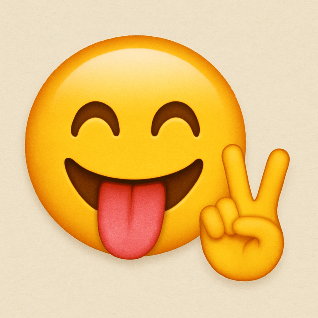 Yellow face iPhone emoji, tongue sticking out, putting up a peace sign emoji