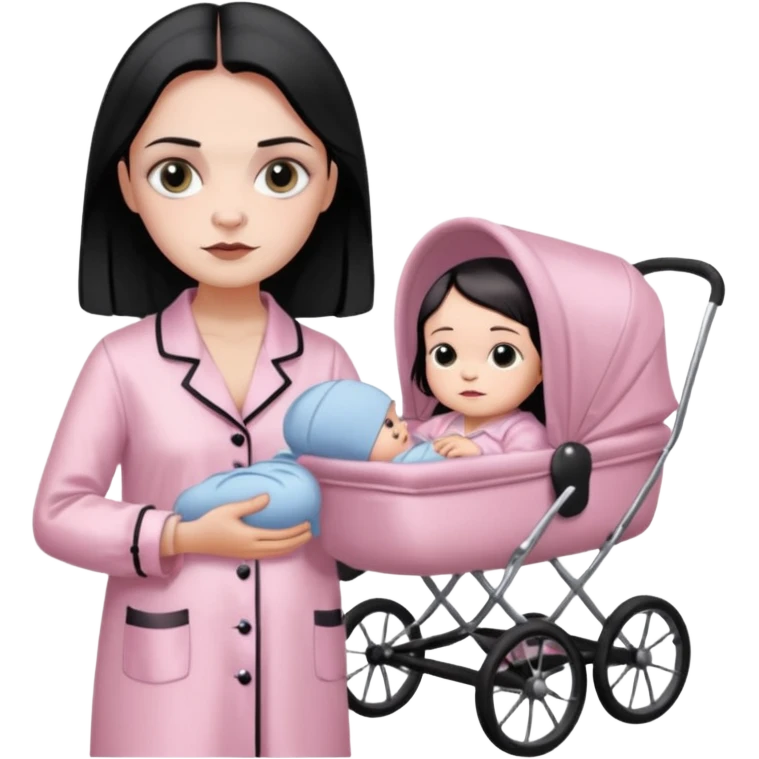 Full model stunning Wednesday Addams dark smoky eyeshadow in a unbuttoned Light pink silk pyjamas set and baby carriage  emoji