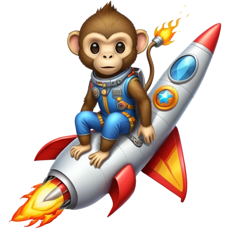 punk colorful monkey flying in a rocket with fire emoji