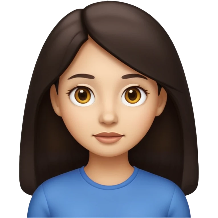 Emoji-style illustration, identical to modern Apple / iOS emoji style. Front-facing woman with long dark hair, neutral calm expression, big rounded eyes, soft gradients, smooth 3D-like shading. emoji