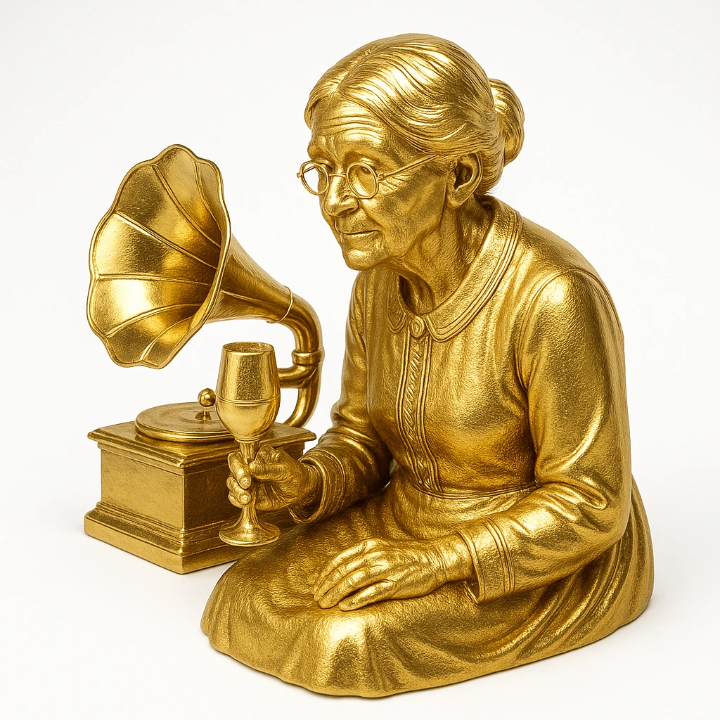 old lady with wineglass listening to gramophone emoji