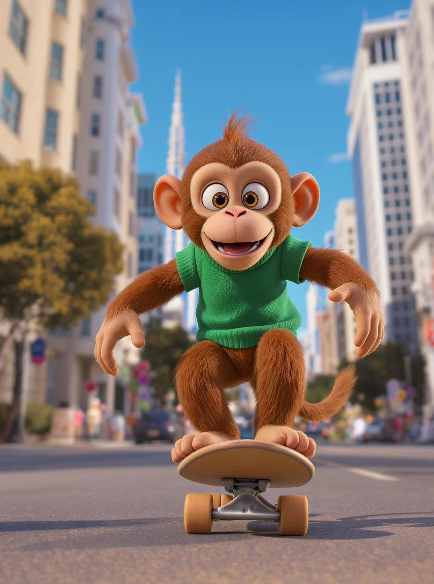 Disney style, Cinematic still scane, Low angle medium shot, monkey dress in green outfit, monkey ride on skateboard, san francisno downtown with city lanscape, blue clean sky, captured by ARRI Alexa XT, soft cinematic lightning, inspired by ToyStory 4 emoji