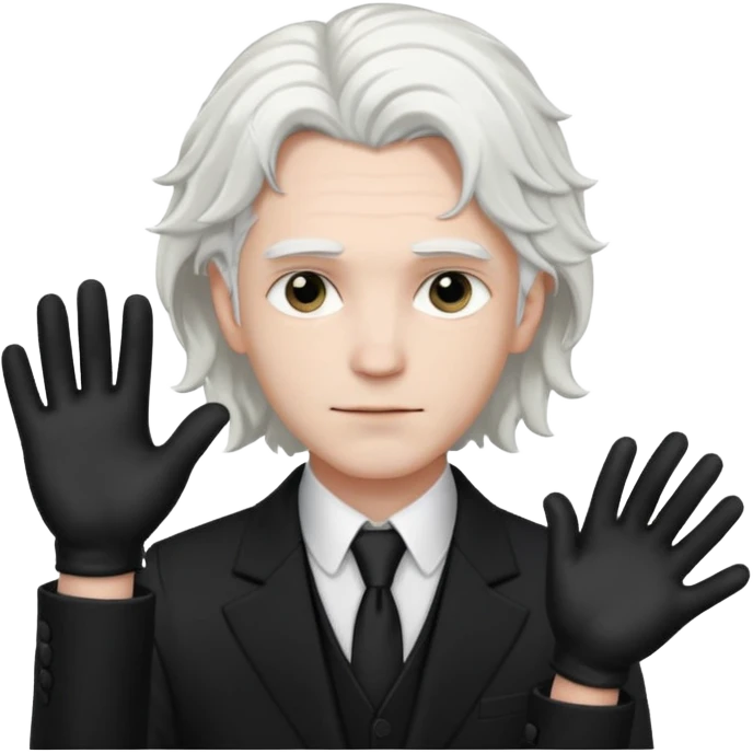 Male Goth with Top Hat
 Wavy shoulder-length hair, white skin, black suit and gloves, pale skin tone, white very long hair emoji